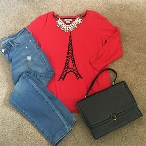 JC Penny JCP Eiffel Tower Graphic Knit Sweater Red Black Women's Small S Prep